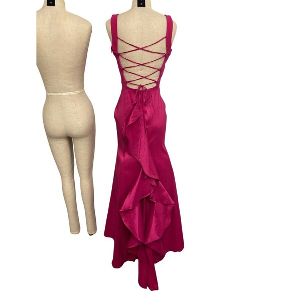 Jump Apparel By Wendye Chalin Fuchsia Satin Mermaid Dress With Back Lace-Up Deta - Picture 3 of 10